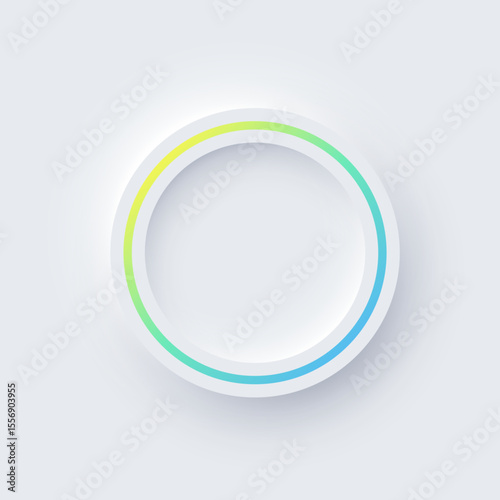 Round color frame with illuminated neon border on white background. Glowing white circle frame with color line. Modern abstract futuristic geometric vector illustration in soft pastel tones.