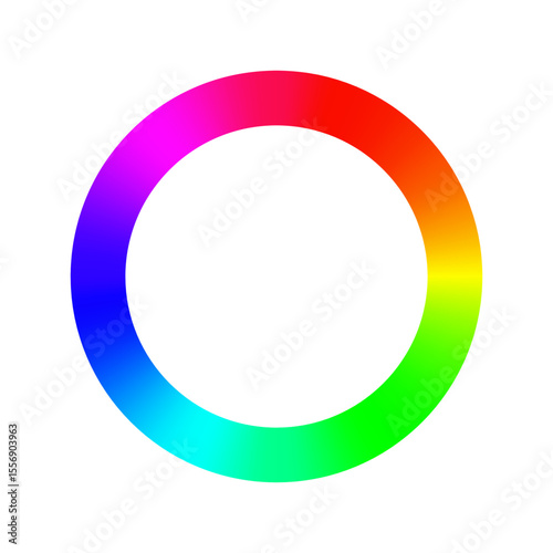 RGB hue circle. Color wheel gradient ring. Circular spectrum showing smooth transition between red, orange, yellow, green, cyan, blue, and magenta on white background. Vector illustration.