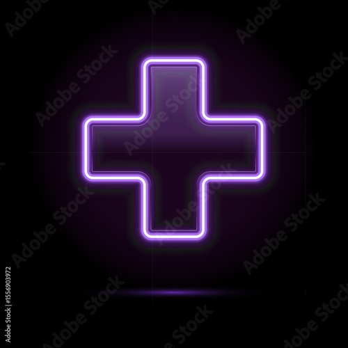 Purple neon medical cross sign. Glowing pharmacy or healthcare symbol on dark background. Bright illuminated plus icon for clinic, hospital, or drugstore. 3D realistic vector illustration.