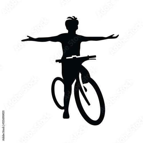 Bicycle Rider Silhouette Vector, Hands-Free Cycling Pose Illustration.