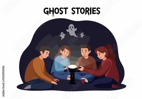Friends telling ghost stories with a flashlight at night, surrounded by floating cartoon ghosts. A spooky illustration of a classic scary moment.