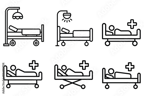 Set of six simple line art icons representing hospital beds with patients and medical equipment