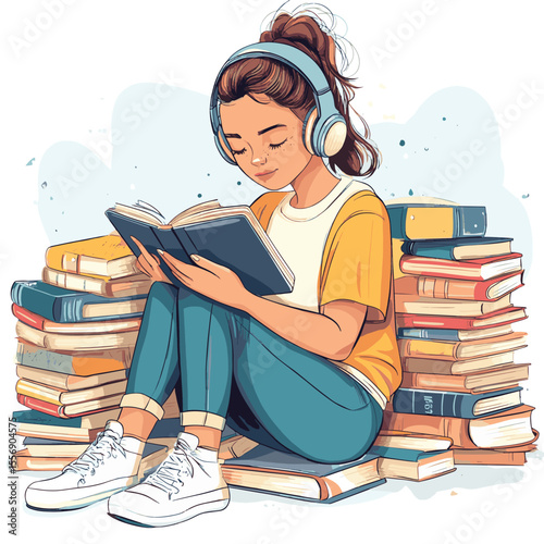 Girl sitting near pile of books with headphones and listen them online