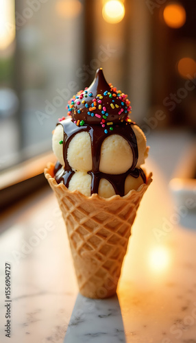 Delicious Vanilla Ice Cream Cone with Chocolate Drizzle and Sprinkles