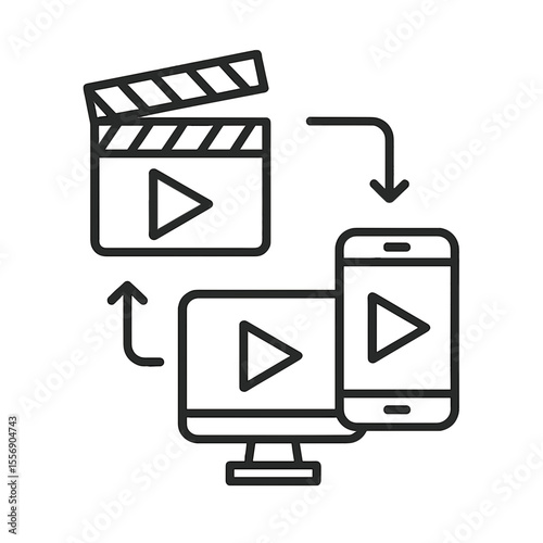 Line icon of transmedia video content distribution across digital platforms