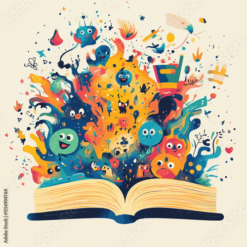 Colorful characters and joyful expressions in a vector illustration of an open storybook filled with playful designs and vibrant shapes