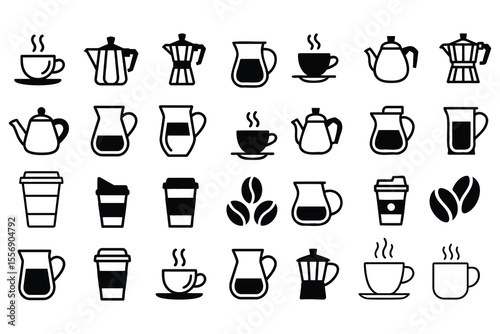 Collection of coffee and tea icons including cups pots and beans