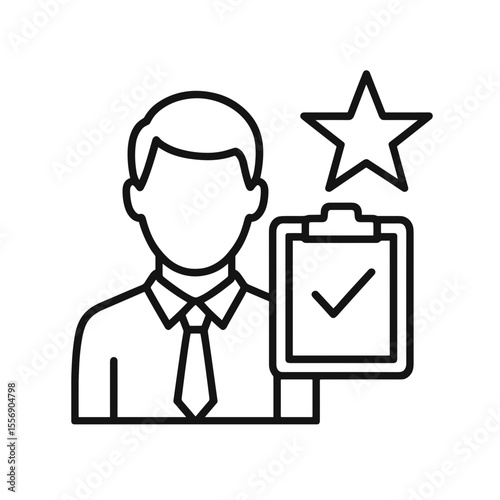 Line icon of professional appraiser evaluating quality with checklist and star symbol