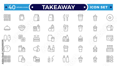 Takeaway Outline icon set. Fast food outline icons. Fast food vector icon line set. Burger sandwich pizza hot dog cola coffee sweets. Editable stroke outline icon.
