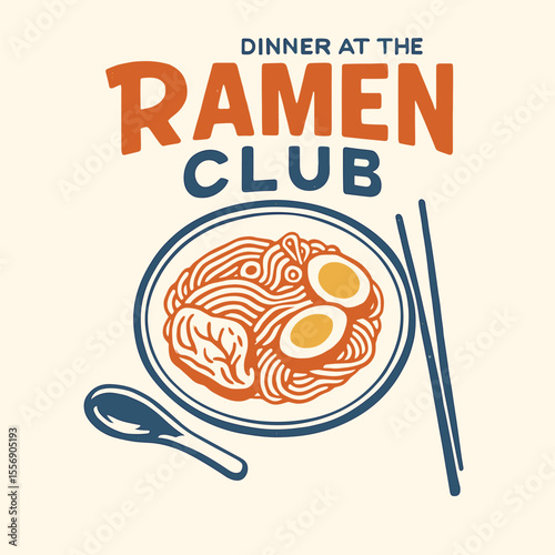 Ramen Club Hand Drawn Japanese Food Graphic, T-Shirt Design with Noodles, Chopsticks, Shrimp and Egg, Asian Street Food Art, Kawaii Illustration