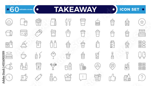 Takeaway Outline icon set. Fast food outline icons. Fast food vector icon line set. Burger sandwich pizza hot dog cola coffee sweets. Editable stroke outline icon.
