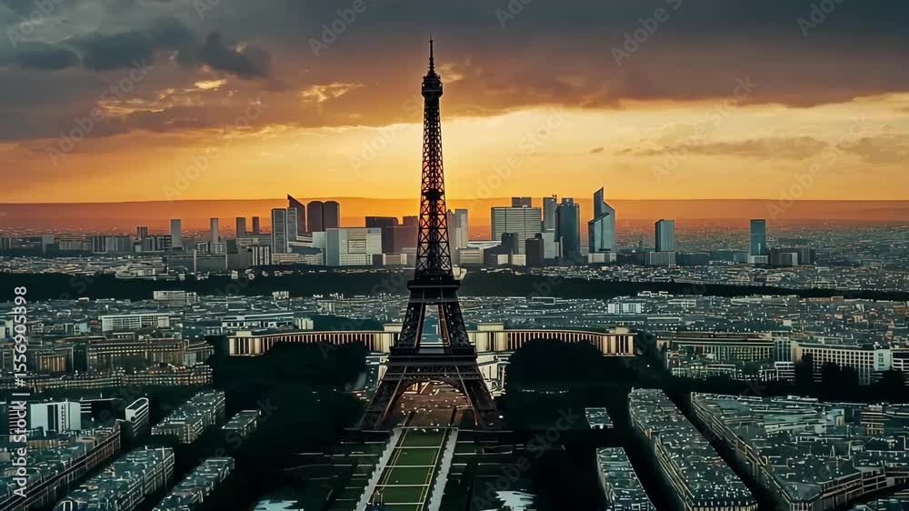 Eiffel Tower dominates sunset skyline in Paris amid urban landscape and dramatic clouds, Aerial view of the Eiffel Tower rising above the skyline in Paris, France Cinematic