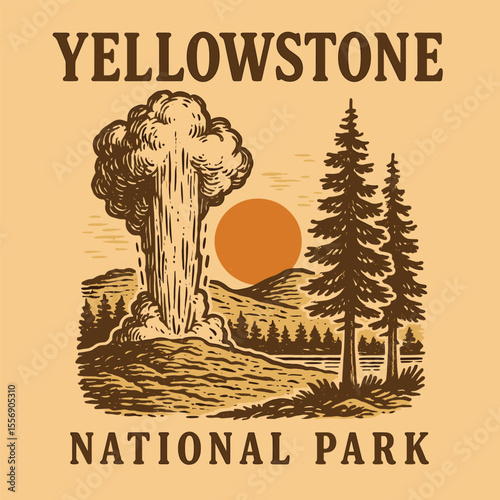 Yellowstone National Park vintage print, hand-drawn forest vector art, autumn winter apparel design with park slogan