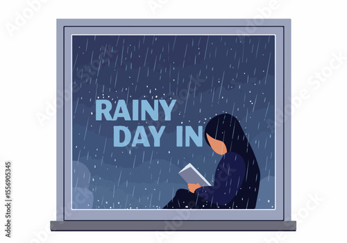 Illustration of woman reading book inside on a rainy day, looking through window.