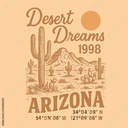 Desert Dreams Summer Graphic - Arizona Hand Drawn Landscape Art - Natural Vintage T-Shirt & Apparel Print Design