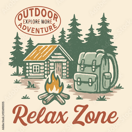 Outdoor adventure graphics, explore more relax zone slogan, vintage grunge mountain lake pine tree artwork, autumn winter t-shirt design, mountain tee prints, campfire vintage outdoors illustration