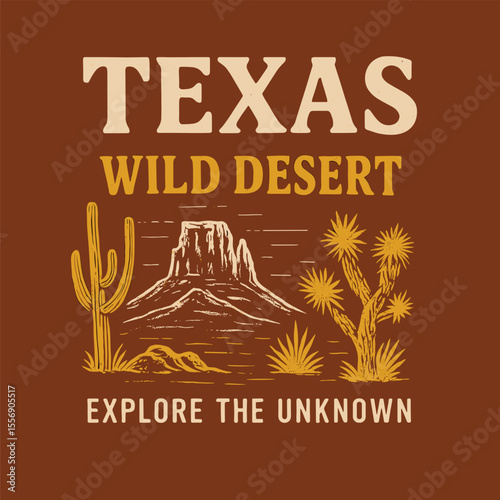 Wild west texas print, desert landscape graphic, hand-drawn clothing design, cowboy vintage artwork