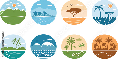 Colorful flat Icon Set of Climate Zones and Natural Regions Tundra, Rainforest, Desert, and Coral Reef Icons in Minimal Style on White Background.