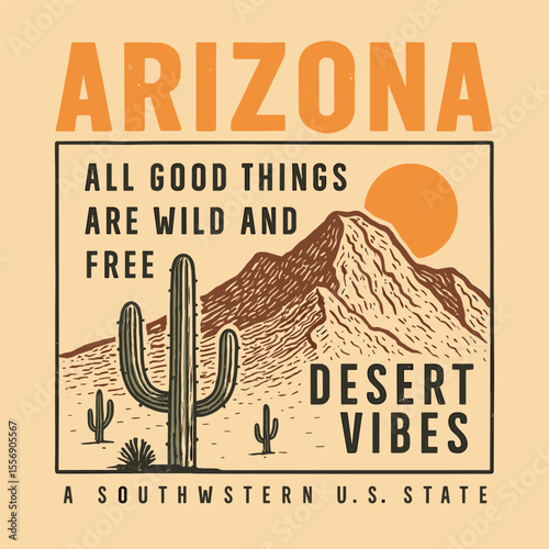 Western desert vector graphics, Arizona desert art print for fashion, natural hand-drawn desert sketch, t-shirt sweatshirt apparel clothing design