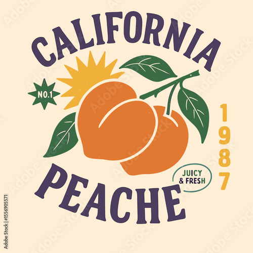 Sweets Peaches California vintage retro fruit print, fruit club food fashion design, peach vector art typography, retro illustration for tee graphic