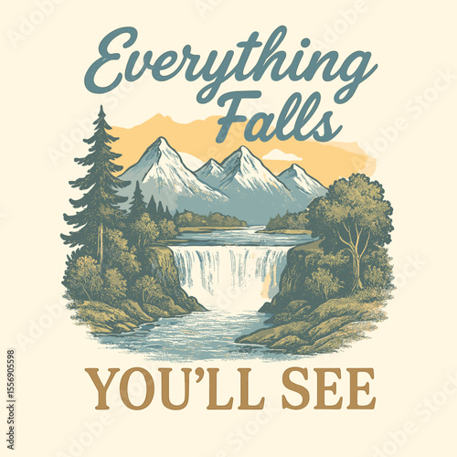 Everything falls vintage graphics, hand sketch nature drawing, autumn winter t-shirt design, mountain river camping outdoor artwork, mens print