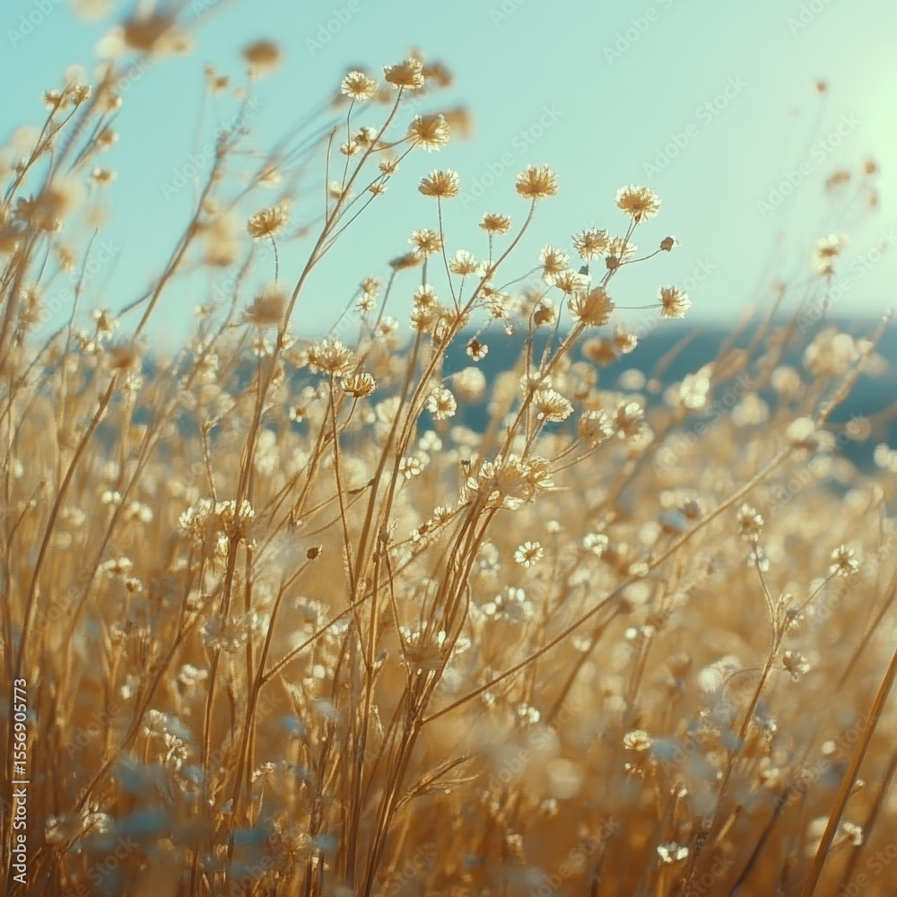 Obraz premium Golden wildflowers sway gently in sunlit meadow, creating serene and dreamy atmosphere. soft focus and warm tones evoke sense of tranquility and natural beauty