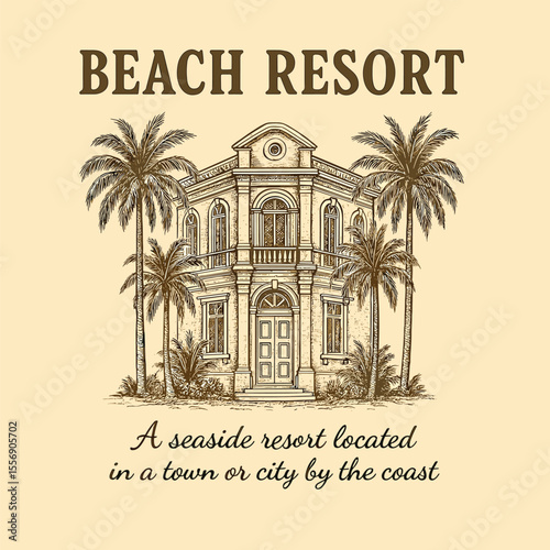 Hand drawn beach resort graphic, palm tree tropical print design, summer vacation vector artwork, resort theme t-shirt