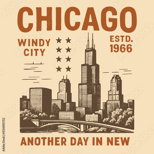 Chicago vintage city illustration, Illinois lettering t-shirt design, vector typography artwork, retro urban graphic print