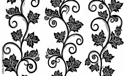 Black and white ornate floral pattern with leaves and swirls