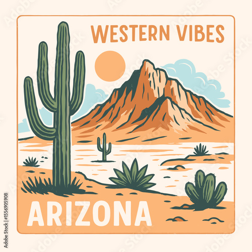 Western desert vector graphics, vintage cactus t-shirt design, Arizona retro slogan print, cowboy cowgirl apparel art