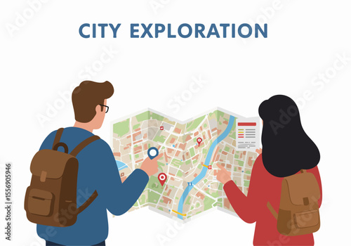 Illustration of a couple exploring a city together, looking at a map to navigate and discover new places.