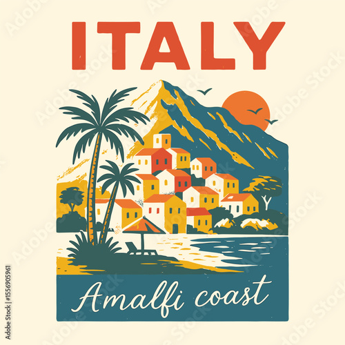 Italian summer travel illustration, retro Amalfi coast beach art, vintage holiday t-shirt graphic, landscape vector design