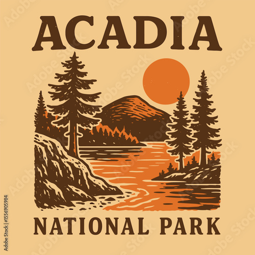 Fotografi Acadia National Park slogan graphic, vintage hand-sketched forest design, autumn