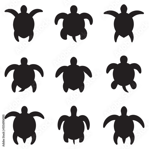 Sea Turtle Silhouette Icon Set – Black Turtle Vector Graphics for Marine Design