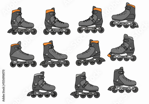 Pattern of grey inline rollerblades with orange accents arranged on a white background, perfect for design elements or sports themes.