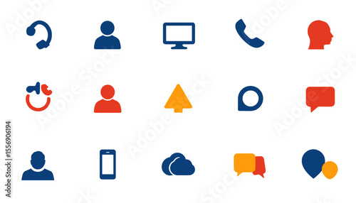 Icon set featuring communication symbols in blue, red, and yellow  