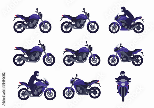 Set of purple motorcycle illustrations from different angles and perspectives, including views with and without a rider silhouette, isolated on white background.