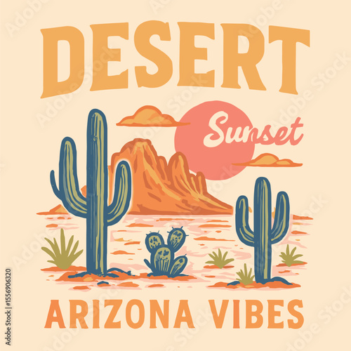 Retro desert sunset vector art, hand-drawn cactus mountain graphic, vintage southwest scenery, feel the desert vibes print