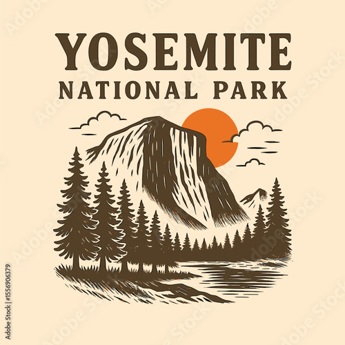 Yosemite national park slogan graphic, vintage hand-drawn tree artwork, forest vector design for autumn winter apparel