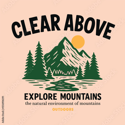 Mens vintage adventure t-shirt, hand-sketched mountain river camping graphic, retro outdoors wilderness print design