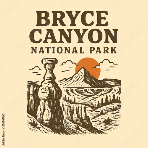 Bryce Canyon National Park slogan graphic, vintage hand sketch big tree drawing, forest vector hand drawn design, autumn winter t-shirt design, sweatshirt vintage artwork