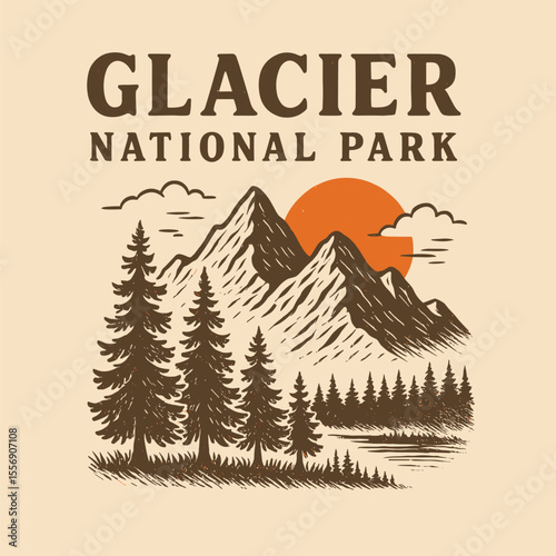 Glacier National Park Slogan Graphic Vintage Hand Sketch Big Tree Drawing Forest Vector Autumn Winter T Shirt Sweatshirt Design