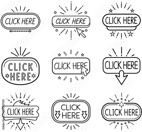 Nine vector click here buttons; retro style; web design