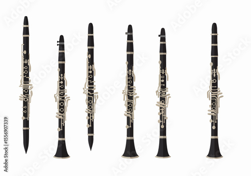 Illustration of Multiple Clarinets Lined Up on a White Background, Representing Woodwind Musical Instruments