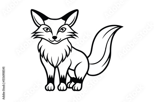 A cute black and white fox with fluffy tail stands attentively here