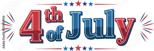 A bold and patriotic "4th of July" graphic featuring prominent red and blue text with a dimensional effect, accented by decorative star bursts and horizontal lines, all on a white background.