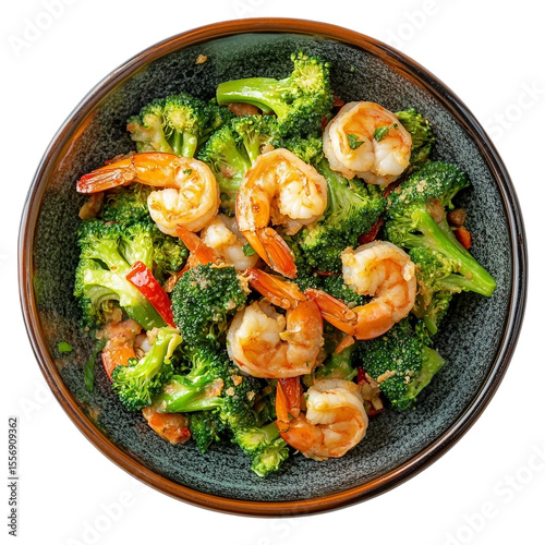 Thai healthy food stir-fried broccoli with shrimp [Transparent Background PNG].
