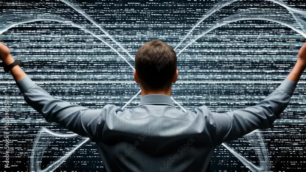 Man interacts with digital data streams and hybrid computing systems in futuristic environment filled with dynamic light, technology elements, and glitch effects representing advanced computing system