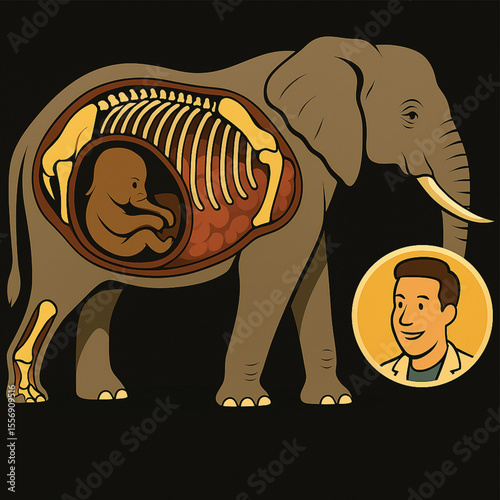 Illustration of Pregnant Elephant Anatomy with Fetus and Skeleton Cutaway and Cartoon Veterinarian