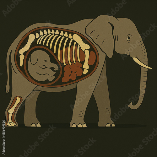 Illustration of Pregnant Elephant with Fetus and Skeleton Anatomy Cutaway View